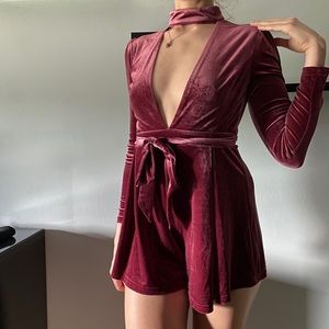 Velour Burgundy Long Sleeve Deep Keyhole Romper